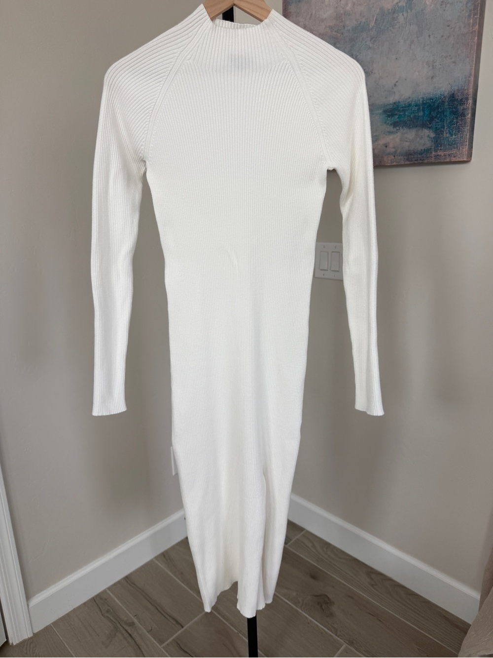 Quince Womens Eco-Knit Ribbed Mock Neck Sweater Dress Small Ivory Midi Slit - Picture 2 of 8